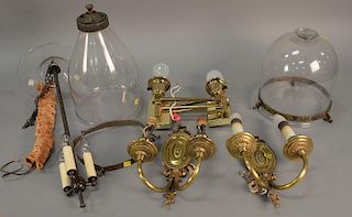 Six piece group of hanging lights and sconces, two pairs of sconces, and two star etched glass globe shades, hanging light wi