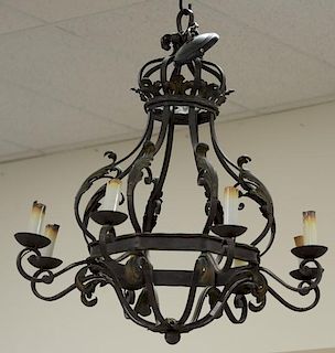 Large custom iron hanging chandelier having eight lights. ht. 36in., wd. 32in.