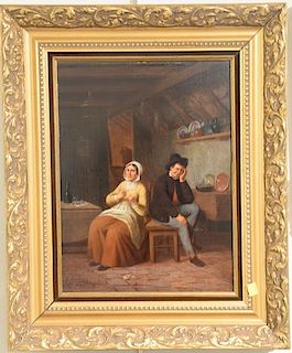 Oil on panel Dutch interior scene with a man and woman, signed lower left illegibly, 15 1/2" x 12".