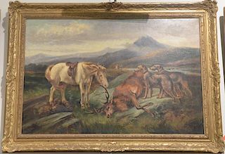 Charles Dudley (19th/20th century), oil on canvas, Elk Hunt, signed lower right: Chas Dudley, having WT Burger Co. label on v