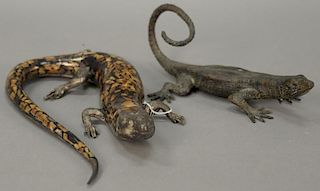 Two lizard sculptures, bronze Maitland Smith lizard and a contemporary lizard with silvered bottom and shell tiled back. lg. 