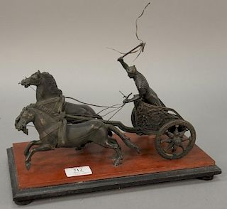 Bronze Roman chariot and rider pulled by two horses, all mounted on rouge marble, set on black slate base (as is). ht. with w