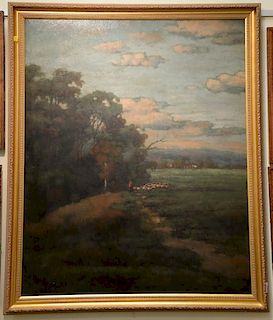 Oil on canvas, landscape with shepherd and his flock, signed lower left illegibly, 44" x 36".