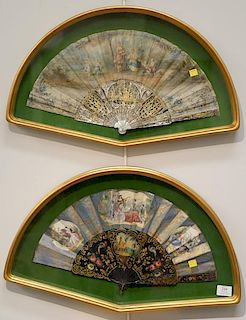Three piece lotto include a pair of French painted hand fans in shadow box frames (total 15" x 24") and a framed tree of life