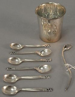 Sterling silver group to include Georg Jensen Demitasse spoons, cocktail fork, and Christian Dior sterling cup. ht. 3in., 6.5