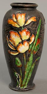 Japanese Gorham sterling silver and enameled small vase, baluster form with raised tulip decoration, marked