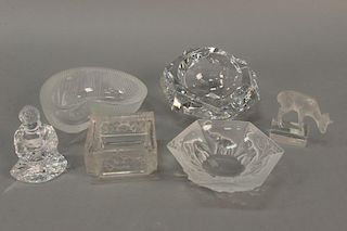 Six crystal pieces including two small Baccarat crystal dishes, Baccarat crystal cigar tray, Baccarat lights of Asia Buddha f