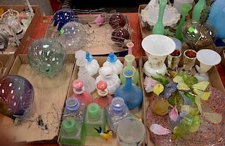 Five box lots of glass to include milk glass, four hot air balloon sculptures signed Hay, bottles, decanters, etc.
