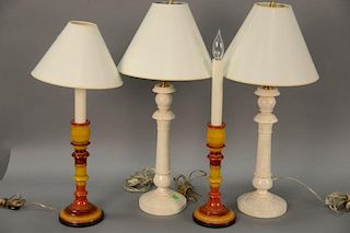 Two pairs of Contemporary candlestick lamps including painted turned wood candlesticks with candle form tops and incandescent