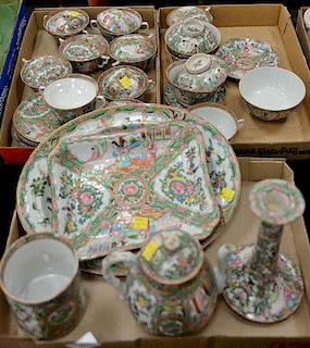 Three box lots of Rose Medallion small platters, cups (some with covers), candlestick, and small bowl.