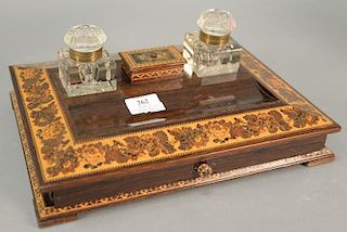 Tunbridge ware desk set with two crystal inkwells flanking small box on pen holder with drawer. ht. 4 1/2in., lg. 13in.