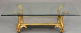 Glass top coffee table having gilt ploom supports. ht. 20in., top: 42" x 59"