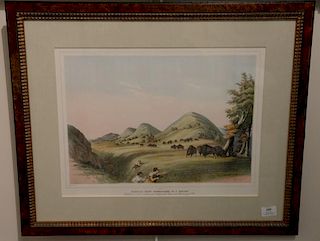 After Georg Catlin (1796-1872) hand colored lithograph "Buffalo Hunt Approaching in a Ravine", plate No. 11, from The North A