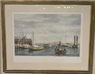 Hand colored aquatint engraving, Boston, From the Ship House West End of the Navy Yard, William J. Bennett, published by H.I.
