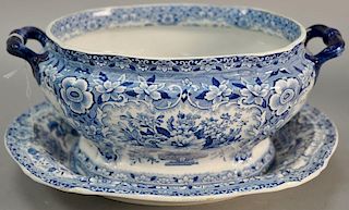 Blue and white Tureen & underplate, marked Nanking Semi china. tureen: ht. 7in., lg. 15in.