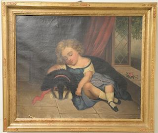 19th century oil on canvas primitive portrait of a young girl with a dog, unsigned, 25" x 30"