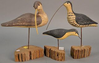 Three Richard Morgan carved shore bird decoys with Richard Morgan stamp on bottom. ht. 11 1/2in., 11 1/2in., & 6 1/2in.