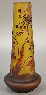 Emile Galle vase, acid etched with flowers and leaves. ht. 11 1/2in.