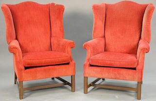 Pair of mahogany Chippendale style upholstered wing chairs.