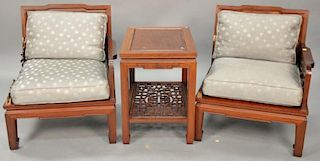 Three piece Chinese set including three armchairs and one table (as is). ht. 24in., top: 18" x 26".