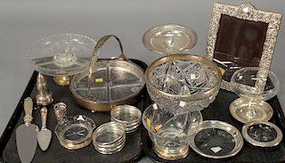 Two tray lots of sterling and crystal items to include cut glass bowl with sterling rim, sterling frame, weighted compote, ba