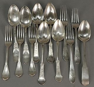 Silver spoon and fork lot, thirteen total pieces. 23.2 t oz.
