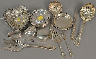 Tray lot of sterling silver to include saucers, heart shaped dish, serving spoons, etc. 21.6 t oz.