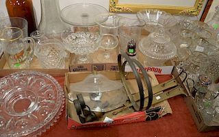 Six tray lots to include four large crystal round serving trays, set of stems with grape design, pair of brass hanging lamps 