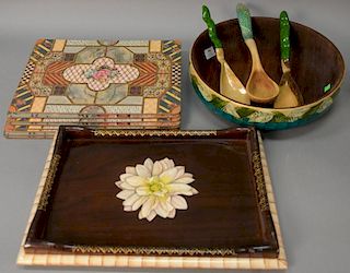 Group of placemats and serving pieces, Bibi Leon signed salad bowl (dia. 14 1/2in.) with serving fork and spoon, group of eig