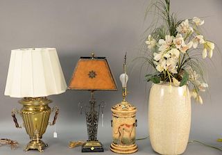 Four piece lot to include Maitland Smith contemporary lamp with leather shade retail tag $1,080 (total ht. 29 1/2in.), brass 
