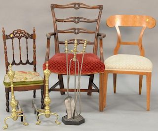 Six piece lot including tip table (top: 29" x 29"), armchair, child's Victorian chair, andirons, tools, and side chair.