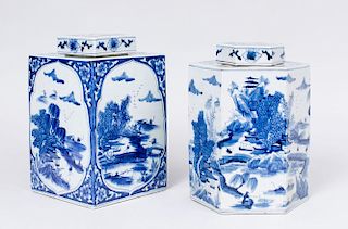 TWO CHINESE BLUE AND WHITE PORCELAIN JARS AND COVERS