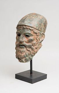 RED-ENCRUSTED-BRONZE HEAD OF A BEARDED WARRIOR, AFTER THE ANTIQUE