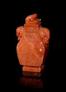 A Carved Coral Snuff Bottle, Height overall 2 9/16 inches.