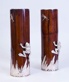 PAIR OF SILVER PLATE-MOUNTED BAMBOO VASES