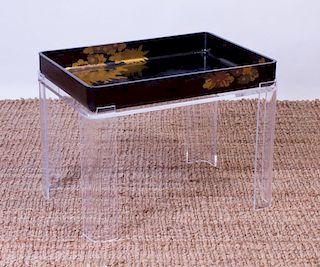 JAPANESE BLACK LACQUER TRAY ON LATER LUCITE STAND
