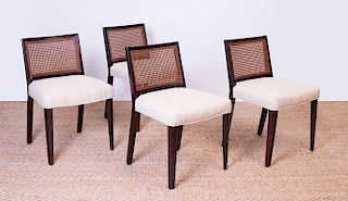 SET OF FOUR DUNBAR STYLE STAINED WOOD AND CANED SIDE CHAIRS