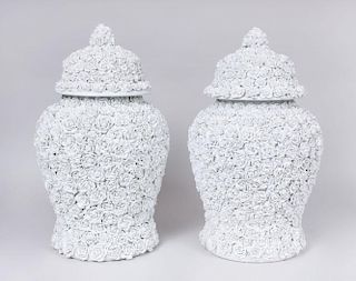 PAIR OF GERMAN WHITE FLOWER-ENCRUSTED LARGE JARS AND COVERS