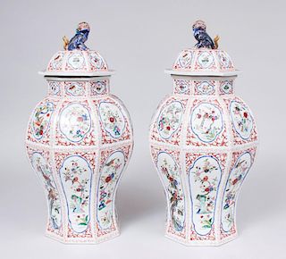 PAIR OF CHINESE FAMILLE ROSE PORCELAIN FACETED JARS AND COVERS