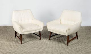 PAIR BUTTON-UPHOLSTERED AND STAINED WOOD ARMCHAIRS, IN THE STYLE OF PAUL MCCOBB