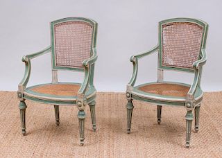 PAIR OF ITALIAN NEOCLASSICAL STYLE PAINTED AND CANED ARMCHAIRS