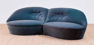PAIR OF BUTTONED AQUA MOHAIR-UPHOLSTERED LOVE SEATS