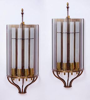 PAIR OF FRENCH ART DECO CHROME, GLASS AND BRASS FOUR-LIGHT WALL SCONCES