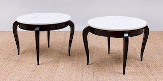 PAIR OF EBONIZED CIRCULAR SIDE TABLES WITH MARBLE TOPS