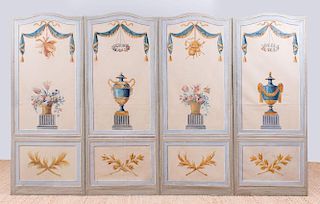 CONTINENTAL PAINTED WOOD AND CANVAS FOUR-PANEL SCREEN