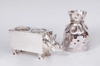 MEXICAN SILVER-PLATED BAG-FORM VASE AND A SILVER-PLATED RHINOCEROS-FORM WINE COOLER