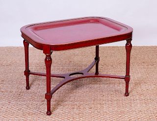 RED TÔLE TRAY ON PAINTED WOOD STAND