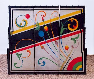 ART DECO STYLE PAINTED LEATHER THREE-FOLD SCREEN