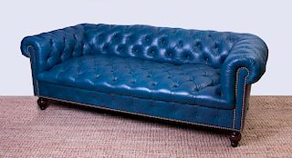 TEAL LEATHER-UPHOLSTERED CHESTERFIELD SOFA