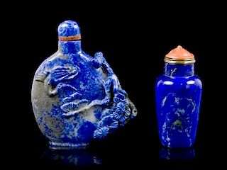 Two Lapis Snuff Bottles, Height of taller overall 2 3/4 inches.